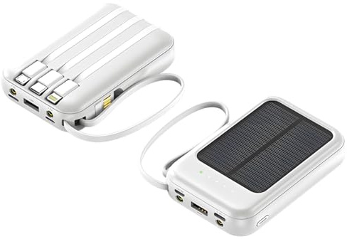 yeeplant Power bank portatile a energia solare, 20000 mAh, con cavo integrato, quattro porte USB, caricabatterie solare per telefoni esterni, colore bianco