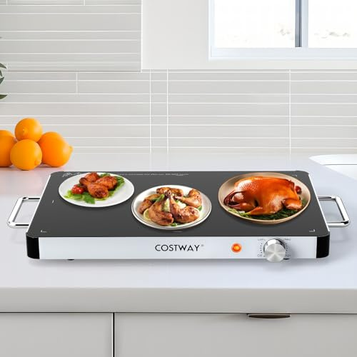 COSTWAY Bandeja Calentadora Eléctrica de Vidrio Templado, Placa Calentadora para Alimentos con Temperatura Ajustable (Bajo/Medio/Alto), Asas Antiescaldaduras Portátil para Fiestas (48 x 32 x 4 cm)