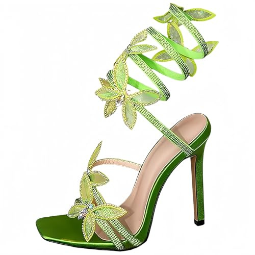 FQLGJMY Mujeres Stiletto Sandalias de tacón alto Tie Up Open Toe Slingback Espiral Envoltura alrededor de zapatos de verano con strass para la fiesta de baile