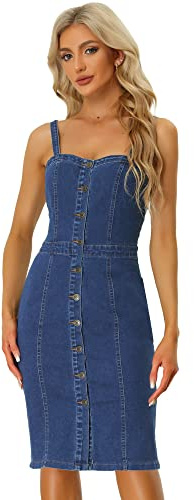 Allegra K Vestido Vaquero Casual para Mujer con Botones sin Mangas | con Escote Corazón, Elásticos de Mezclilla