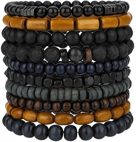 QhgPnt 10 Bead Bracelets for Men, Mens Beaded Bracelet Set with Wooden Beads, 18CM Mens Wrist Bracelet for Casual or Formal Wear, Bracelets for Men Gift Set