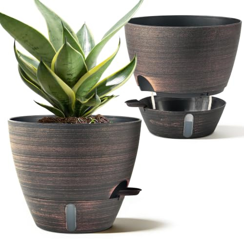 ZMTECH Vasi per piante da 25 cm, con fori di drenaggio, sottovaso, autoirriganti, con ingresso per irrigazione, vaso da fiori in plastica, per piante da interni ed esterni (set da 2, bronzo)