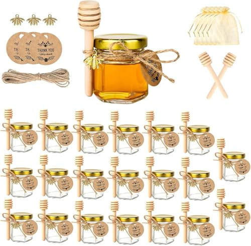 elthmpr 20 tarros de cristal de 45 ml con tapa, pequeños tarros de miel con cuchara de miel, bolsas de regalo, etiquetas y cuerda, regalos de miel para hierbas, especias, manualidades, mermelada