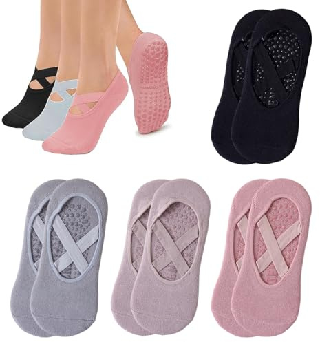 RxaGtn Yoga Socks, Pilates Socks, 4 Pairs Yoga Socks Women 39-42, Non-Slip Stopper Socks for Yoga, Pilates, Barre, Dance, Fitness, Hospital, Rehabilitation, Colour Set Purple, Pink, Grey Blue, Black