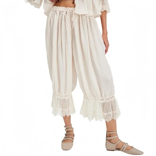 Women's Lace Trim Bloomers Elastic Waist Ruffle Puff Medium Length Trousers | Sexy Victorian Vintage Pantaloons for Summer Beach Travel Vacation, Lounge Y2k Mid Rise Cropped Pajama Pants