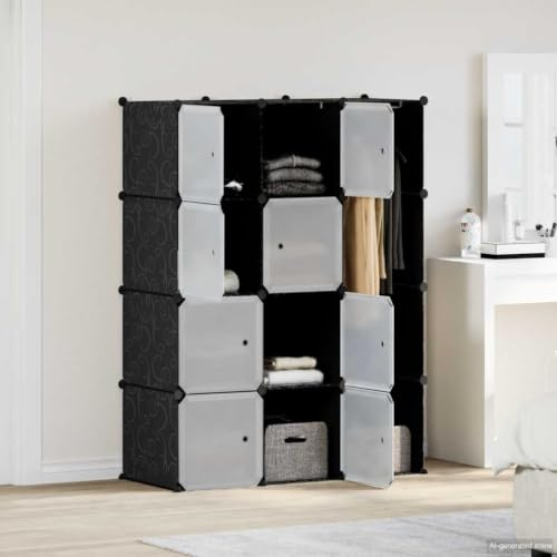 YunCangg Modulärt skåp med 9 fack 109 x 36,5 x 143 cm svart vit plast med klädstång och hylla för sovrum hall vardagsrum förvaring
