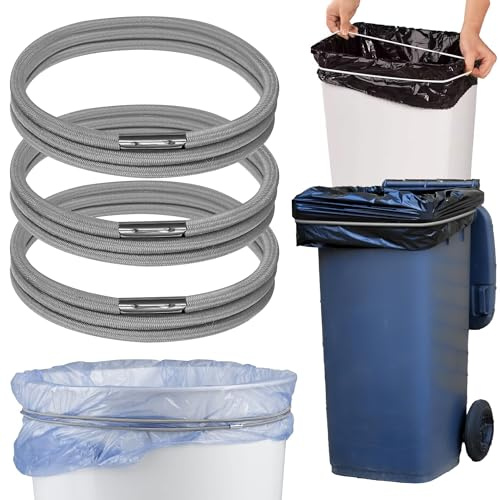 Mission Gallery Trash Can Rubber Bands Set of 3 - Elastic Garbage Can Bands with Metal Connector, Fits 13 to 33 Gallon Trash Bags - Gripper Trash Can Bands for Waste Baskets, Grey