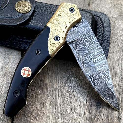 Dessi Handmade Damascus Steel Kitchen Tool Bull Horn Handle Brass Bolsters Leather Sheath Folding Pocket 2008