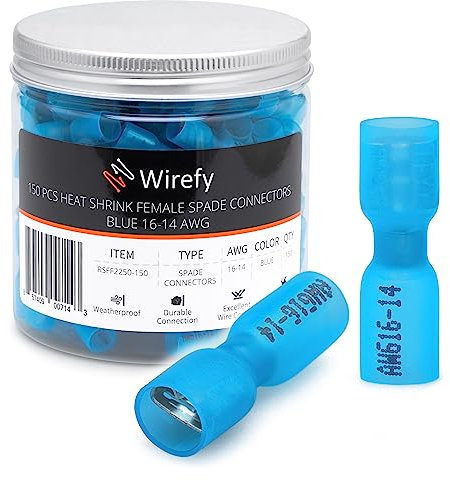 150 PCS Wirefy Female Spade Connectors - Heat Shrink Spade Connector Kit - Quick Disconnect Wire Connectors - Electrical Spade Terminals - Blue 16-14 Gauge