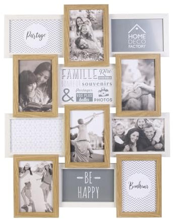HOME DECO FACTORY - Cornice portafoto multipla alla rinfusa, con 12 foto, in legno, motivo ricordo, in MDF, vetro, beige bianco, 44 x 3 x 58 cm, HD4218