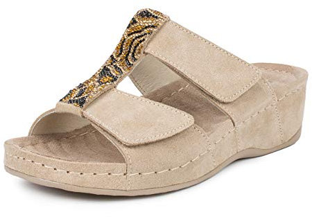 Jürgen Hirsch Damen Pantolette Vita 01 rundum Leder Massage-Fußbett Antishock-Pads (Beige, Numeric_38)