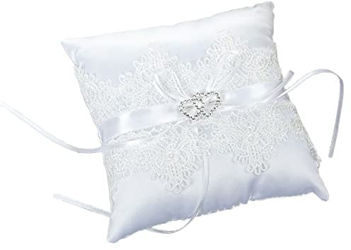 Hochzeit Ringkissen, Kissen Ring Träger Mit Doppelten Herzen Dekoration, Ringkissen Quadratische Form, für Hochzeiten Ringaccessoires, 15cm×15cm(Weiß)