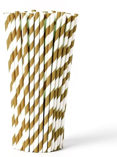 WedDecor Compostable Paper Straws – Durable, Non-Soggy, Food-Safe – Striped, Multi-Layered for Long-Lasting Use – Perfect for Juice, Coffee, Party & Events, Gold & White, 100pcs