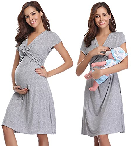Irdcomps Women’s Breastfeeding Nightdress Maternity Nightshirt Nursing Nightgown Soft V Neck Pajama Loungewear Tops Dress for Pregnant Casual Grey