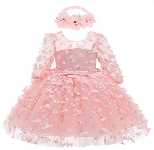 Vestido de bautizo bebé niña manga larga 3D mariposa princesa tutú tutú vestido de tul+diadema de flores traje de cumpleaños sesión de fotos, Rosa., 12 Meses