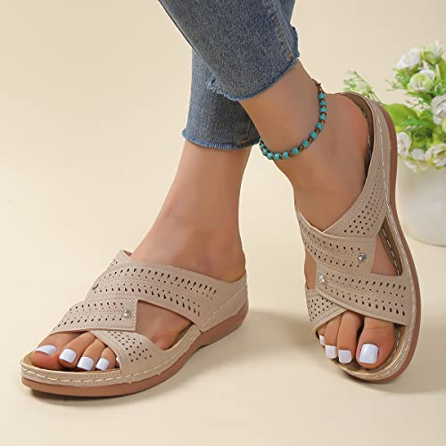 DOIX Sandali con Zeppa da Donna Fascite Plantare Ortopedico Pantofole Ciabatte Estive con Plateau Sandali in Ecopelle Scarpe da Spiaggia da Passeggio Casual All'aperto,Beige,US7/EU38