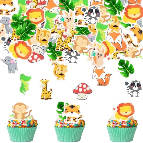 Catelves 60 stycken ätbara djur tårtdekoration, djungel tårtdekoration, muffinsdekoration, dekorativ tårta för födelsedag, cupcake-topp, skogsdjur