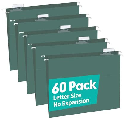 HERKKA Extra Capacity Hanging File Folders, 60 Pack Reinforced Letter Size Hanging Folders with Heavy Duty 0 Inch Expansion, Designed for Bulky Files, Green