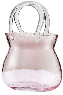 Glass Purse Vase for Flowers,Clear Glass Bag Vase with Handles and Bubbles,Unique Handbag Flower Vase Purse Fish Bowl,Unique Decorative Vases for Centerpieces Wedding Table Decorations(Pinks)
