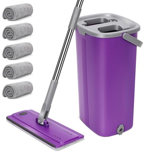 MASTERTOP Balai Microfibre et Seau Essoreur, Serpillière Plat Rotatif 360° et Seau Auto-Lavage, Vadrouille de Mains Libre pour Nettoyage de Sol, avec 5 Serpillières Réutilisables (Violet)