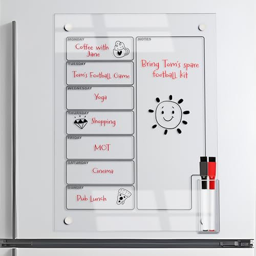 Magnetic Fridge Planner by Acrylic Hub. 15.7x11.8x1.1 Fridge Meal Planner Board with Built in Pen Holder. Clear Acrylic Magnetic Calendar for Fridge, Weekly Planner Magnetic with 2 Pens.