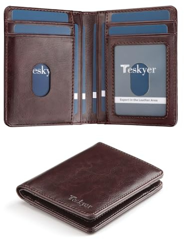 Teskyer Geldbörse Herren, Leder Slim Wallet mit RFID Schutz, Portmonee Herren 10 Fächer & Geschenk Box, 8.6 x 10.9 cm, Kaffee