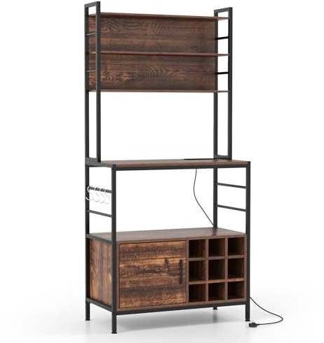 GiantexUK Kitchen Storage Rack, Wooden Baker’s Rack with Charging Station, Wine Bottle Holders, Cabinet & 4 Hooks, Industrial Microwave Stand Storage Shelf for Dining Living Room