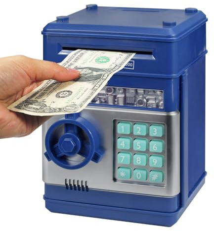 Piggy Banks for Kids, Children Electronic Password Money Banks Mini ATM Money Save for Cash and Coins, Great Birthday Gift for Boys & Girls (Grey Blue)