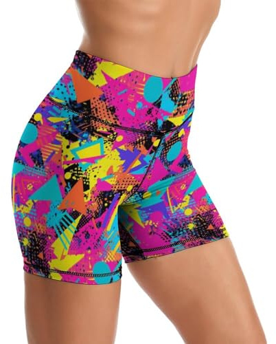 Sjazc Retro 80s 90s Geometry Yoga Shorts High Waisted Biker Shorts for Womens Athletic Running Workout M