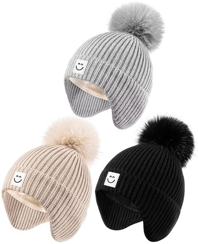 Alepo 3 Pack Baby Winter Hats with Earflaps, 2 Size Kids Pom Pom Beanie with Warm Fleece Lined for Infant Toddler Children, Cute Smiley Face Knit Beanie Hats for Girls Boys-06