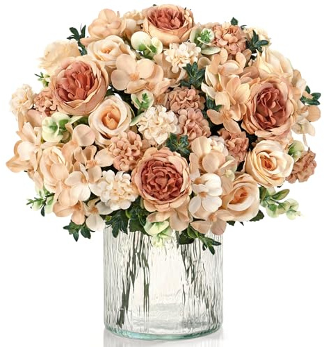 UXORSN 2 Bunches Artificial Roses Peonies Flowers Champagne Fake Flower Silk Peonies Rose Hydrangea Faux Flower Bouquet Floral Arrangement for Wedding Party Home Table Centerpieces Decor(2, Champagne)