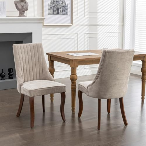 EURHCIO Chaises de Salle à Manger Lot de 2,Chaise de Salon,Dossier Rembourré et Pieds en Bois Massif,pour Salle à Manger,Salon,Cuisine et Chambre (Beige)