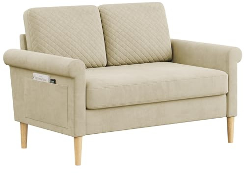 Vesgantti Divano Piccolo in Tessuto 2 Posti, con Tasche di Archiviazione su Entrambi i Lati, Mini Divano Imbottito Perfetto per Soggiorno Ufficio, Montaggio Senza Utensili, 123L x 70P x 88H cm, Beige