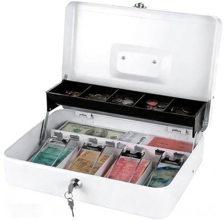 LOPYXBR White Metal Cash Box with Key Lock, 30 x 24 x 9cm Portable Cash Box, Petty Cash Tin Large Money Box Note and Coin Safe Box Secure Locking Money Tin Comes with Coin Tray & Spring Loaded Clips