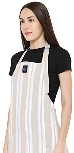 Encasa XO Adjustable Kitchen Cotton Apron With Pockets & Towel Holder Of Size 68x85 cm (Franca Beige Stripes) for Men & Women Chefs For Cooking & Baking in Home, Restaurants & Barbeque