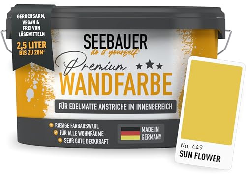 SEEBAUER diy Wandfarbe Gelb 2,5L für Innen (No. 449 Sun Flower) Edelmatte sonnengelbe Innenfarbe - Gelbtöne sehr hohe Deckkraft - Matt, Abwaschbar und Tropffrei