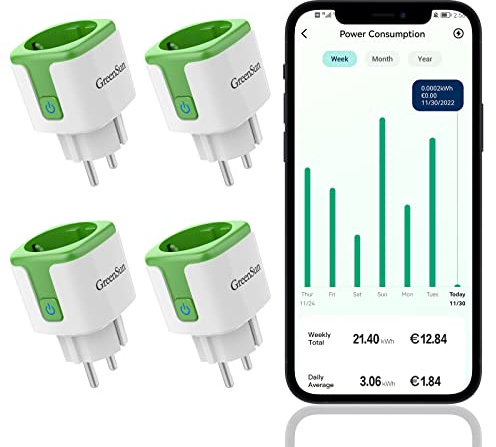 WLAN Steckdose GreenSun Wlan Steckdose mit Strommessung Stromverbrauchsmesser Energiekostenmessgerät Smart Steckdose mit Zeitschaltuhr Wifi Steckdose VeSync APP Smart Plug, Alexa Steckdose 4er Pack