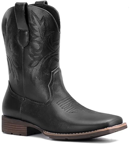 Lumeheel Cowboy Boots for Men - Western Square Toe Men's Black Boots with Classic Embroidered, Slip on Chunky Heel for Spring Fall 9.5M