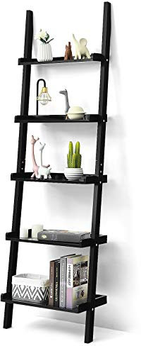 COSTWAY 4/5 Tier Wall Rack, Wooden Display Ladder Shelf, Bookcase Leaning Shelving Unit Organiser Flower Plant Stand for Living Room, Kitchen and Bathroom (Black, 57 x 32 x 189cm)