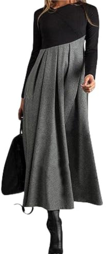 shownicer Robe Femme Manches Longues Robe A-Line à Col Rond Vintage Casual Robe en Laine Taille Haute Décontractée Elegant Robes Longues pour Automne et Hiver A Gris L