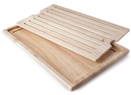 Lacor - 60486 - Tagliere da cucina, tagliere per pane, vassoio raccoglibriciole, robusto e resistente, sistema GRIP, 8 canali orizzontali, legno di caucciù, 53x32,5 cm