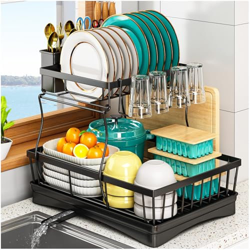 StowBin 2 Tier Dish Drainer Rack for Kitchen Counter - Space-Saving Dish Rack with Utensil Holder, Large Capacity Dish Drying Rack with Draining Board, Black