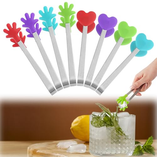 8 Stück Zuckerzange Klein, Gebäckzange mit Lustigen Silikon Händen und Herzdesign, Mini Edelstahl Eiswürfelzange, Zangen Candybar Beste Küchenhelfer für BBQ, Eiswürfel, Salat(4 Farben)