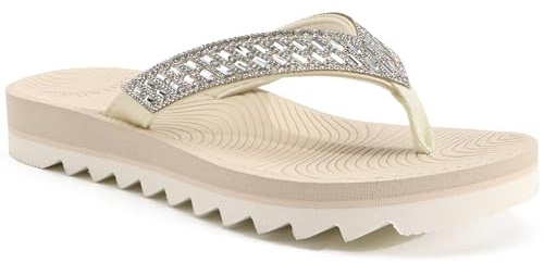 KuaiLu Womens Orthotic Flip Flops with Arch Support Yoga Mat Cushion Fashion Rhinestone Sandals Summer Walking Beach Travel Thong Slides Comfy Plantar Fasciitis Outdoor Sandle Beige White 6