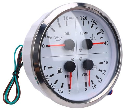 Digitaler Kraftstoffs Tand Öldruck-Wasser-Temperatur-Voltmeter 4 in 1 Kraftstoffs Tand Anzeige Öldruck Messgerät Wasser Temperatur Messgerät Bis 10bar 40 Bis (Weißes Zifferblatt,