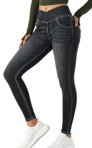 Onsoyours Jeggings Femme Jean Taille Haute Elastique Cross Yoga Leggings Slim Jeggings Denim Pantalon de Sport