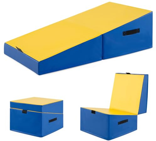 COSTWAY Large Foldable Incline Gymnastics Mat, Kids Cheese Wedge Skill Shape Fitness Tumbling Gym Yoga Mats, for Boys and Girls Home Training Aerobic Exercise (Yellow+Blue)