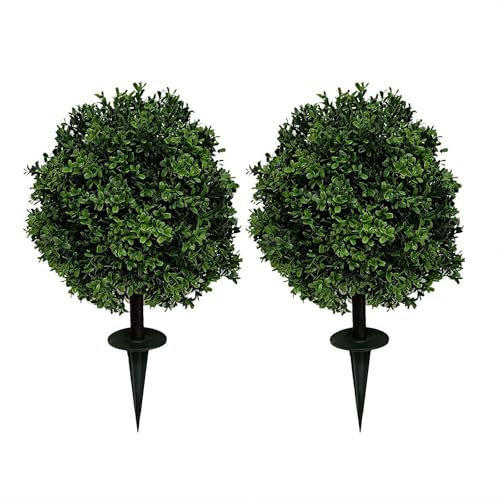 pulunto Artificial Boxwood Topiary Ball Trees with Ground Spike, Artificial Boxwood Ball Bush, UV Resistant Artificial Shrubs, Fake Evergreen Artificial Plant Brush for Front Porch Garden