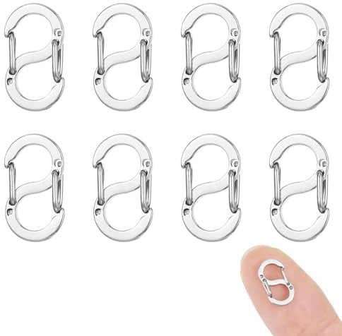 8 pezzi in acciaio inox a doppia apertura, chiusura a S – Mini moschettone per bracciali e collane fai da te, 12 mm, antiscivolo e stabile (argento、dorato) (argento)
