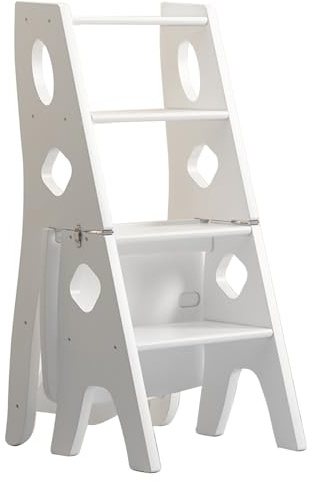Escalera plegable de madera maciza de 4 niveles, diseño multifuncional convertible 3 en 1 para biblioteca, almacenamiento y uso doméstico, ahorra espacio, fácil de usar